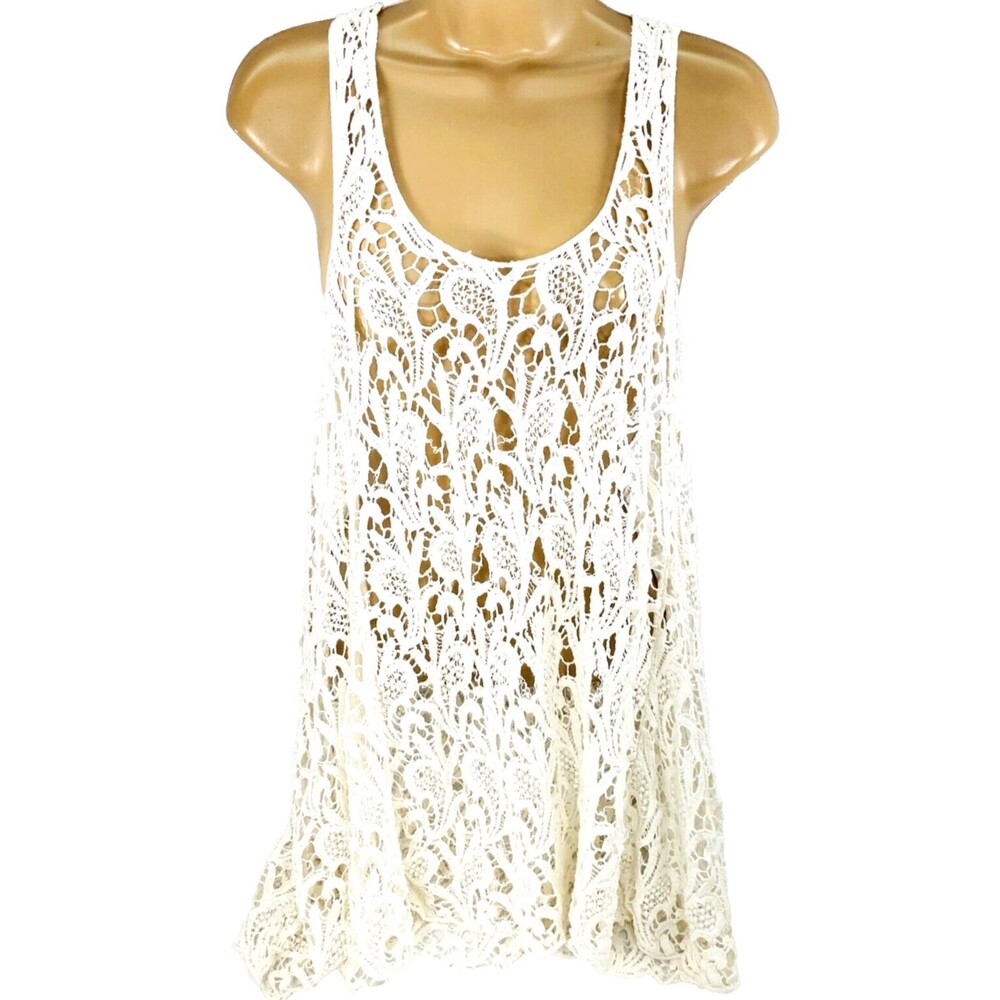 Solitaire Crochet Lace Shirt Dress Tank Asymmetric Paisley White L Women Hippie